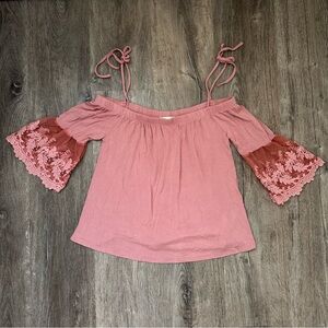 Womens Dusty Rose Off-Shoulder Top with Lace Bell Sleeves